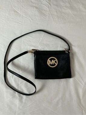 Michael Kors Black Leather Crossbody with Gold MK Medallion
